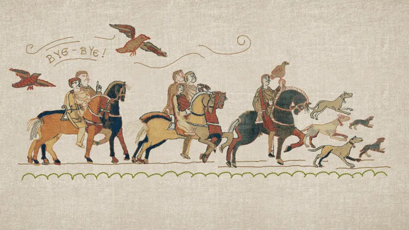 Mounted falconers and hounds set off on horseback in an animated scene from The Bayeux Tapestry, produced by Hocus Pocus Studio for the British Museum