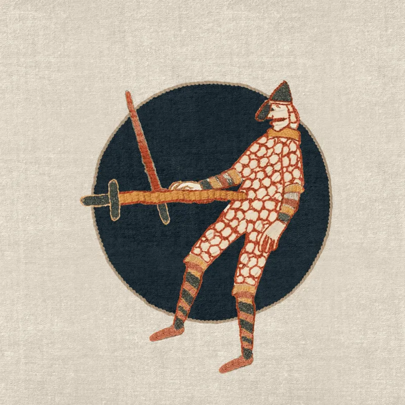 A jester-like figure in diamond-patterned dress carries a sword, animated still from The Bayeux Tapestry by Hocus Pocus Studio for the British Museum