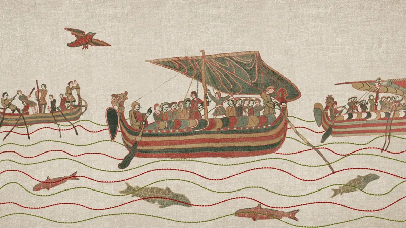 Norman ships crossing the Channel under sail, animated still from The Bayeux Tapestry by Hocus Pocus Studio for the British Museum