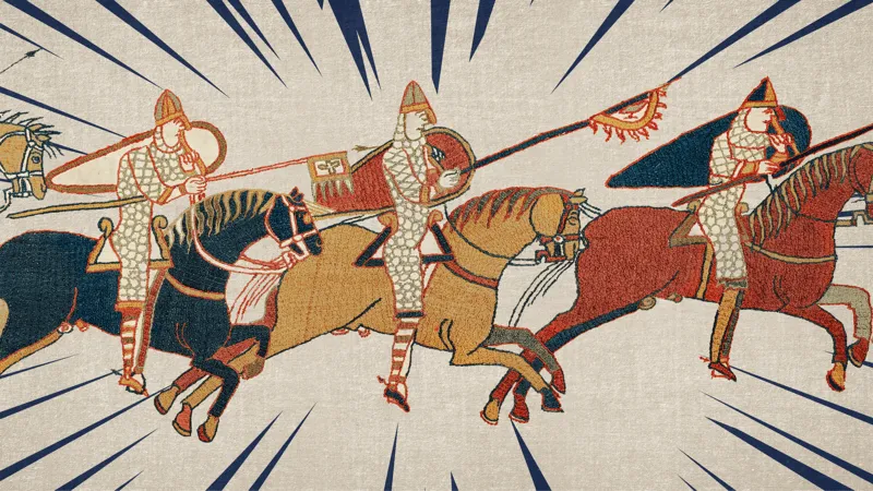 Mounted knights charging into battle with raised lances, animated still from The Bayeux Tapestry by Hocus Pocus Studio for the British Museum