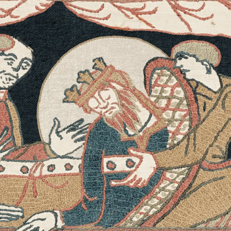 A crowned figure gesturing beside an attendant, close-up animated still from The Bayeux Tapestry by Hocus Pocus Studio for the British Museum