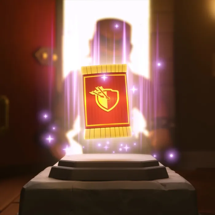 A glowing Clash of Cards card pack rising from a stone pedestal, surrounded by purple sparkles, in the 3D cinematic