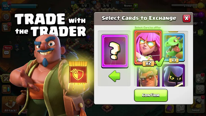The Trader holding a card pack beside the in-game card exchange screen, showing how players swap cards with their clan