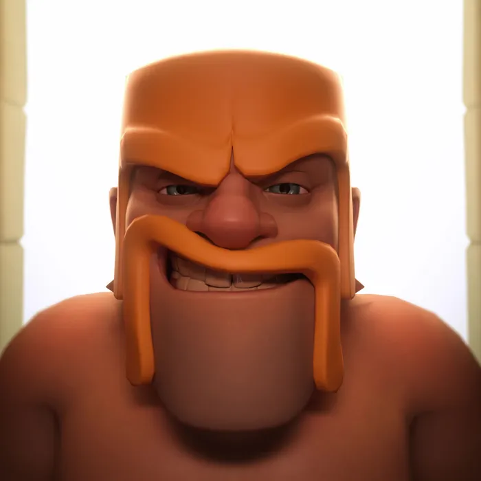 The Barbarian grinning straight to camera, rendered in 3D in Maya and Redshift for the Clash of Clans trailer