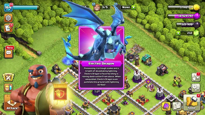 Augmented gameplay capture of a Clash of Clans village with an animated Electro Dragon card revealed on screen