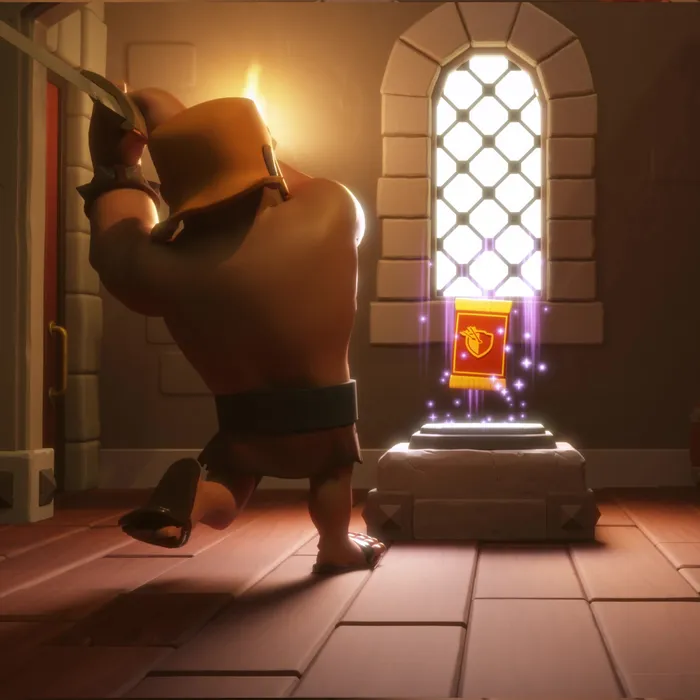 The Barbarian reaching for a glowing card pack on a pedestal in a sunlit stone chamber, from the 3D cinematic