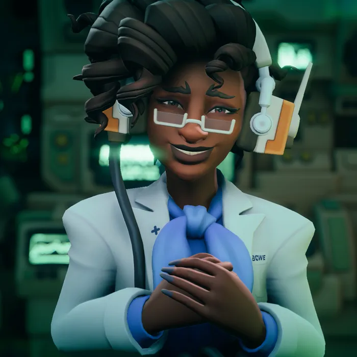 The Director smiling knowingly with her hands clasped, in front of green-lit retro consoles