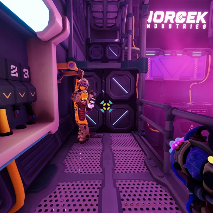 An Explorer in an orange suit pulling a lever in a pink neon corridor beneath the Norček Industries sign