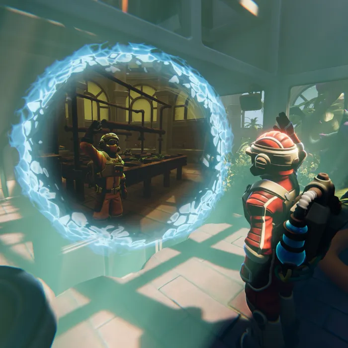 Two Explorers waving to each other through a shimmering time portal between two rooms